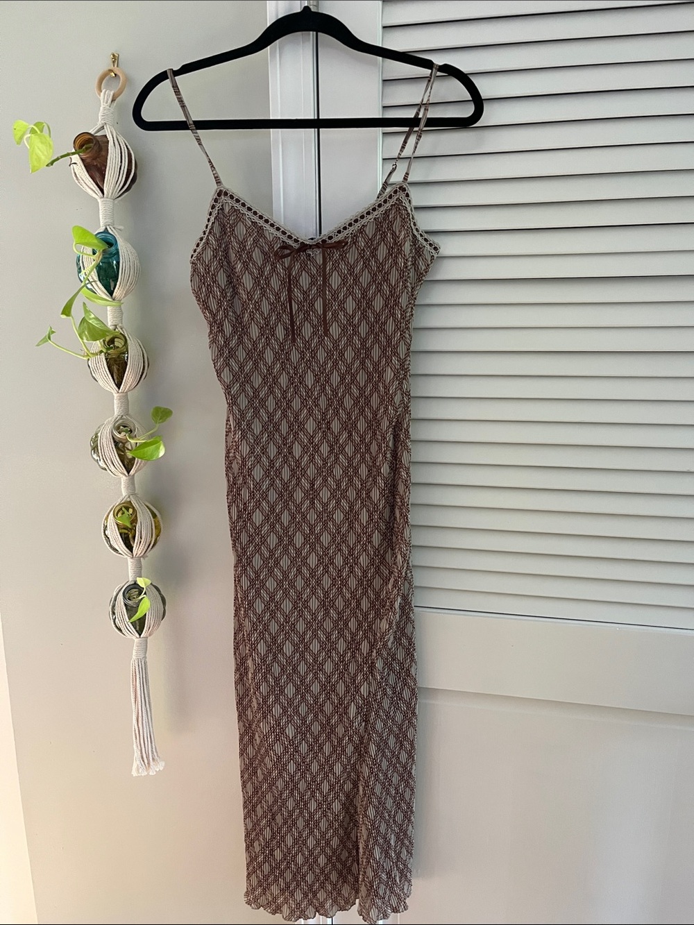 Brown Midi Slip Dress with Spaghetti Straps